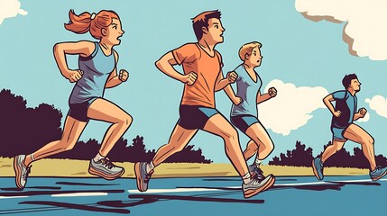 A group of four people running on a path in a cartoon style