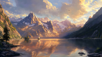 Sunrise over Majestic Mountains and Serene Lake