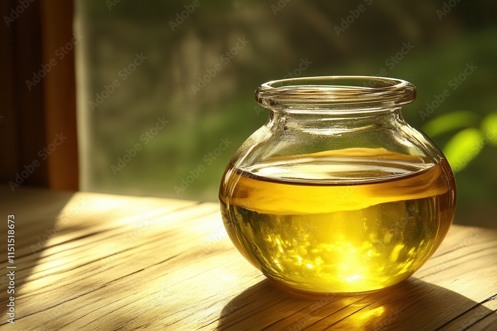 Poster bright amber honey jar on a clean wooden table with sunlight streaming through a window, creating a 