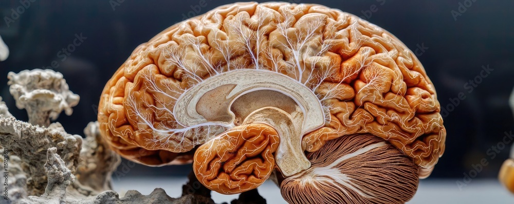 Poster alzheimer disease idea. an intricate view of a brain highlighting its unique anatomical structures.