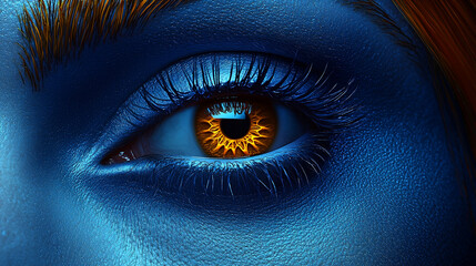 Obraz premium Eye gazes with admiration, reflecting light and emotions in deep shades of blue and orange
