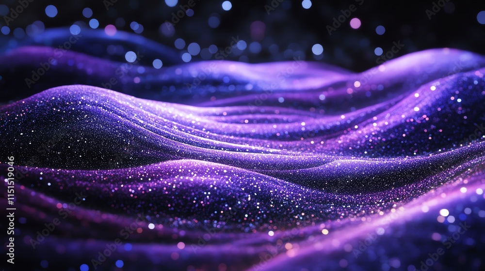 Poster abstract waves of purple light sparkle in a digital landscape, creating a mesmerizing visual effect.