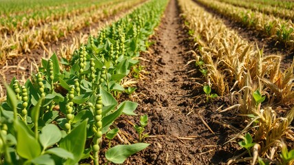 Fototapeta premium Sustainable Agriculture: Green Peas Growing on Wheat Harvested Field with Cover Crops - AI Photo