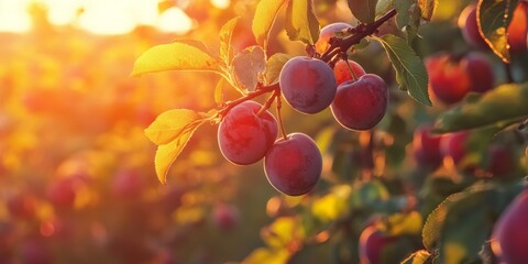 Ripe plum fruits adorn the branches of a plum tree, showcasing juicy plums basking in sunset light. A close up reveals the allure of organic plums on the plum tree in the orchard.