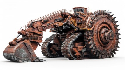 Massive futuristic mechanical mining vehicle designed for powerful earth moving and rugged transportation in mining sites quarries and heavy construction environments  This imposing