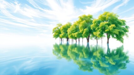 Tranquil Lakeside Watercolor Landscape, Pale Sky Reflection