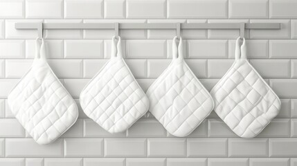 Elegant and Minimalist Display of Four White Quilted Pot Holders Hanging on a Hook Against a Clean and Modern Subway Tile Background in a Kitchen Setting