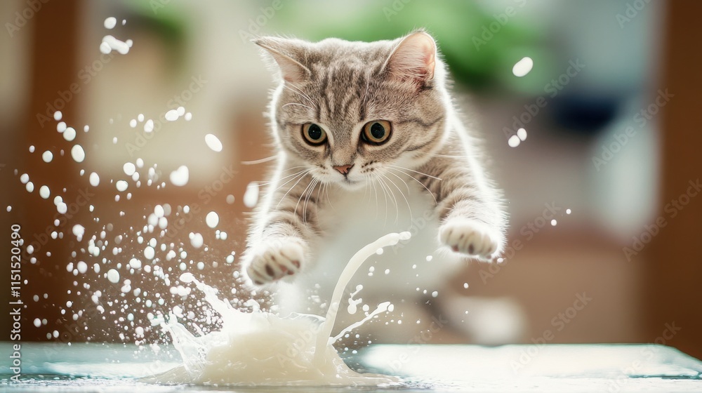 Poster playful cat jumping towards milk splashing on a table