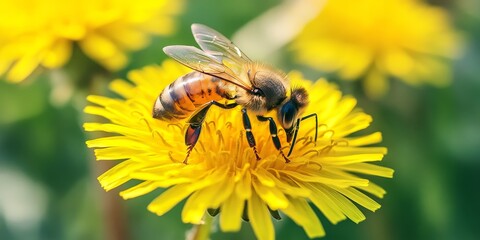 Bee on a vibrant yellow dandelion during summer, showcasing the beauty of nature. This delightful scene captures a bee exploring a yellow dandelion in the warmth of summer.