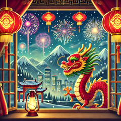 Chinese dragon celebrating chinese new year with fireworks and snowy mountains in the background
