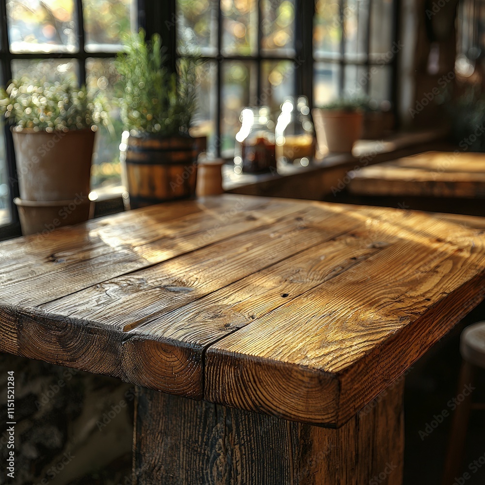 Poster empty wooden table in front of window in cozy cafe. sunlight shines through the window illuminating 