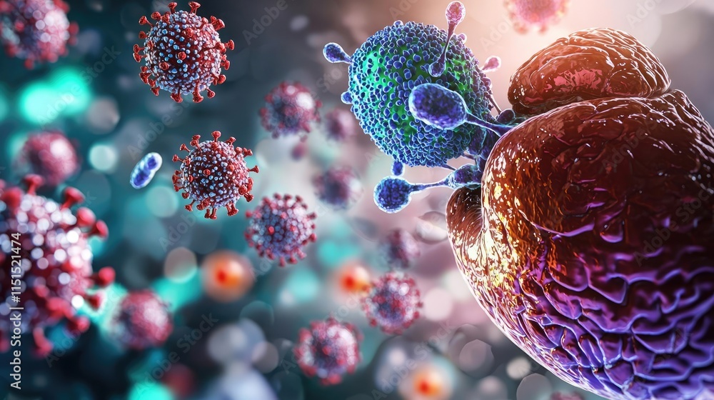 Poster hepatitis b and c disease idea. a close-up view of colorful viruses interacting in a microscopic env