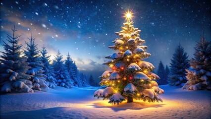 Magical Christmas tree portrait: snowy night, glowing lights, winter wonderland, ample copy space.
