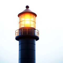 A lighthouse with a glowing light, standing tall against a white background, symbolizing guidance and safety.