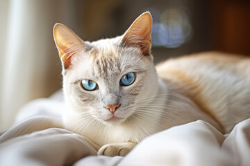 A serene Khao Manee cat rests comfortably on a cozy bed in soft morning light