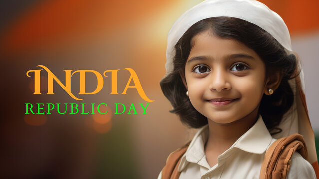 India Republic Day Banner with Smiling Indian Girl Photo. Fictional Character Created By Generative AI.