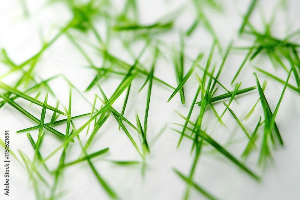 Poster close-up capture of scattered green needles on a seamless white background in sharp macro lighting f