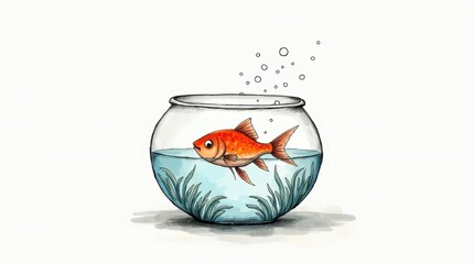 Whimsical Fishbowl Illustration with Squiggly Lines