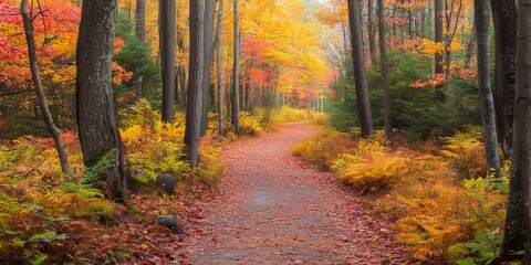 Obraz premium Bright autumn forest pathway surrounded by vibrant fall foliage, creating a picturesque scene. Explore the enchanting pathway in the bright autumn forest filled with rich colors and natural beauty.