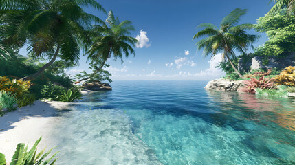 Serene Tropical Beach: Palm Trees, Crystal Clear Water, and White Sand Paradise