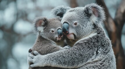 Obraz premium A mother koala bear hugs her baby koala.