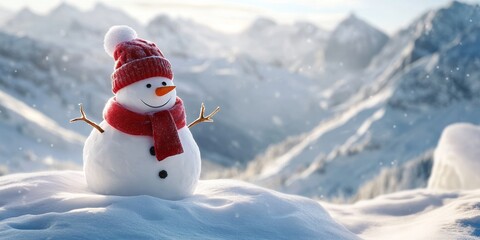 Obraz premium Snowman featured against a stunning Alpine panorama, showcasing the beauty of winter scenery. The snowman adds a charming touch to the breathtaking landscape of the Alpine panorama.