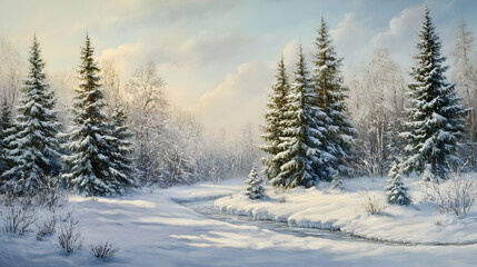 Fototapeta premium Winter Wonderland: Snowy Forest with Frozen River