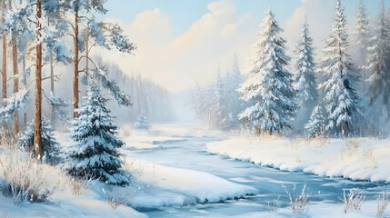 Naklejka premium Winter Wonderland: Snowy Forest River Scene