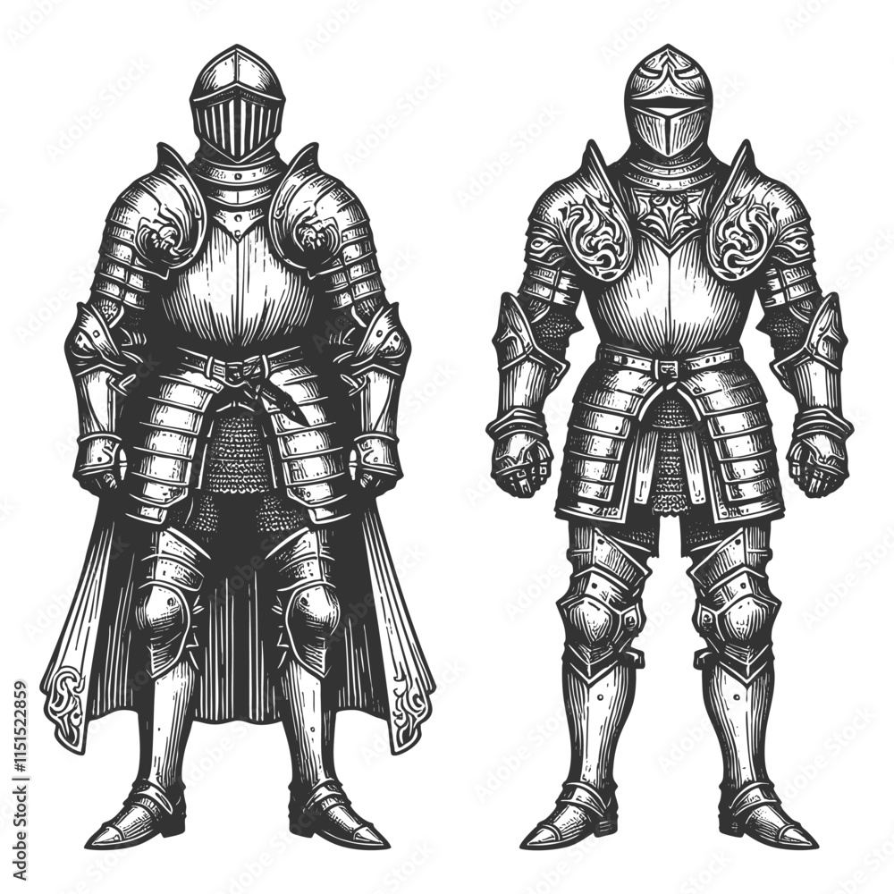 Poster medieval knight in full plate armor, classic armor design with lion emblems sketch engraving generat