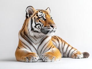 A tiger lying down on a white background