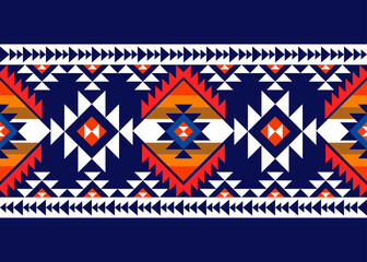 Vibrant geometric pattern featuring bold colors and shapes, ideal for textiles or backgrounds. This design showcases mix of triangles, diamonds, and arrows