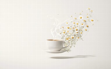 A steaming cup of herbal chamomile tea floating mid-air with chamomile flowers and steam rising, on a white background
