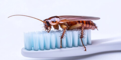 Cockroach isolated on a toothbrush against a white background, highlighting the presence of bugs and insects that can carry disease, emphasizing the importance of cleanliness in pest prevention.