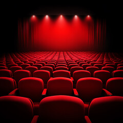 Fototapeta premium A red curtain inside a theater, illuminated stage and empty audience chairs, creating an atmosphere of anticipation.