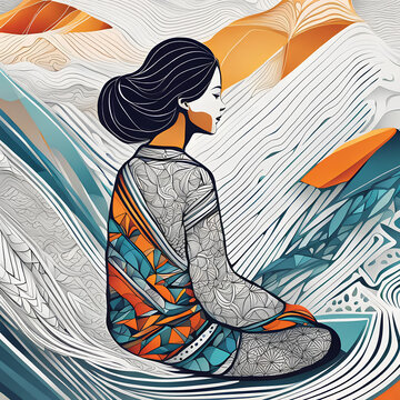 A silhouette of a cartooned woman with colored clothes, relaxing while sitting on a colored background
