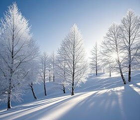 Obraz premium Winter panorama landscape with a snow-covered forest and trees at sunrise. A winter morning marking the beginning of a new day. Winter landscape with sunset, panoramic view