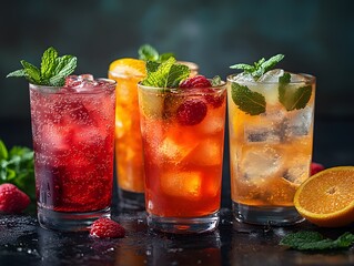 Mocktail glasses with colorful drinks, garnished with fruits, mint, and flowers, sit on a shiny black table under mood lighting. The image feels fresh, luxurious, and modern, ideal for promotions.
