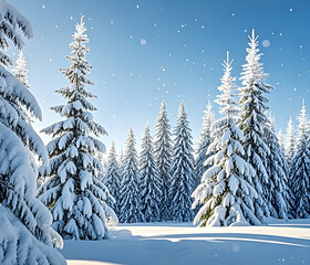 Winter panorama landscape with a snow-covered forest and trees at sunrise. A winter morning marking the beginning of a new day. Winter landscape with sunset, panoramic view