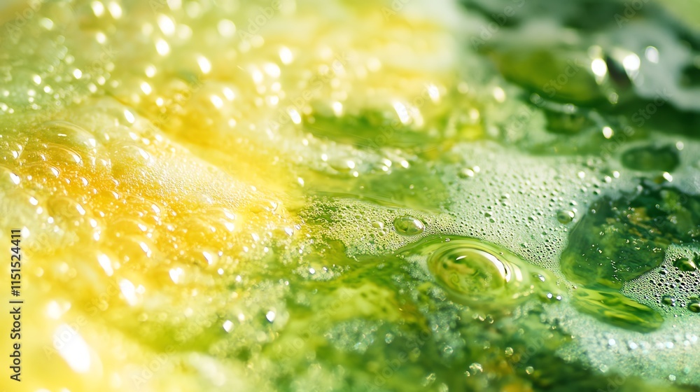 Aufkleber close-up of vibrant green and yellow bubbles in a liquid surface, creating an abstract pattern.