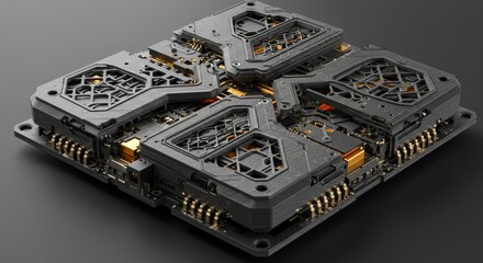 Fototapeta premium Detailed rendering of a 3D-printed electronics component, with intricate geometric patterns and a clean design