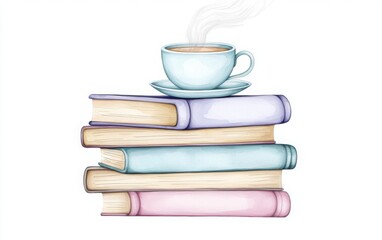 A watercolor illustration of a stack of books with a steaming teacup on top