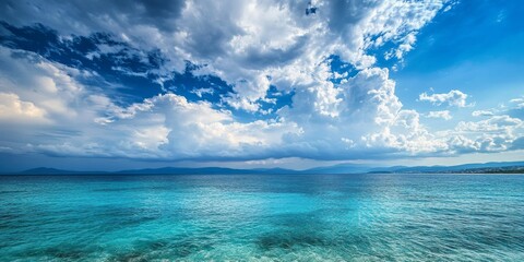 Obraz premium A captivating view of the blue sea beneath a dramatic cloudy sky, showcasing the beautiful contrast of blue sea and the textured clouds above, creating a serene coastal landscape.