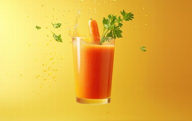 A vibrant carrot juice glass levitating mid-air with parsley garnish, set on a sunny yellow background