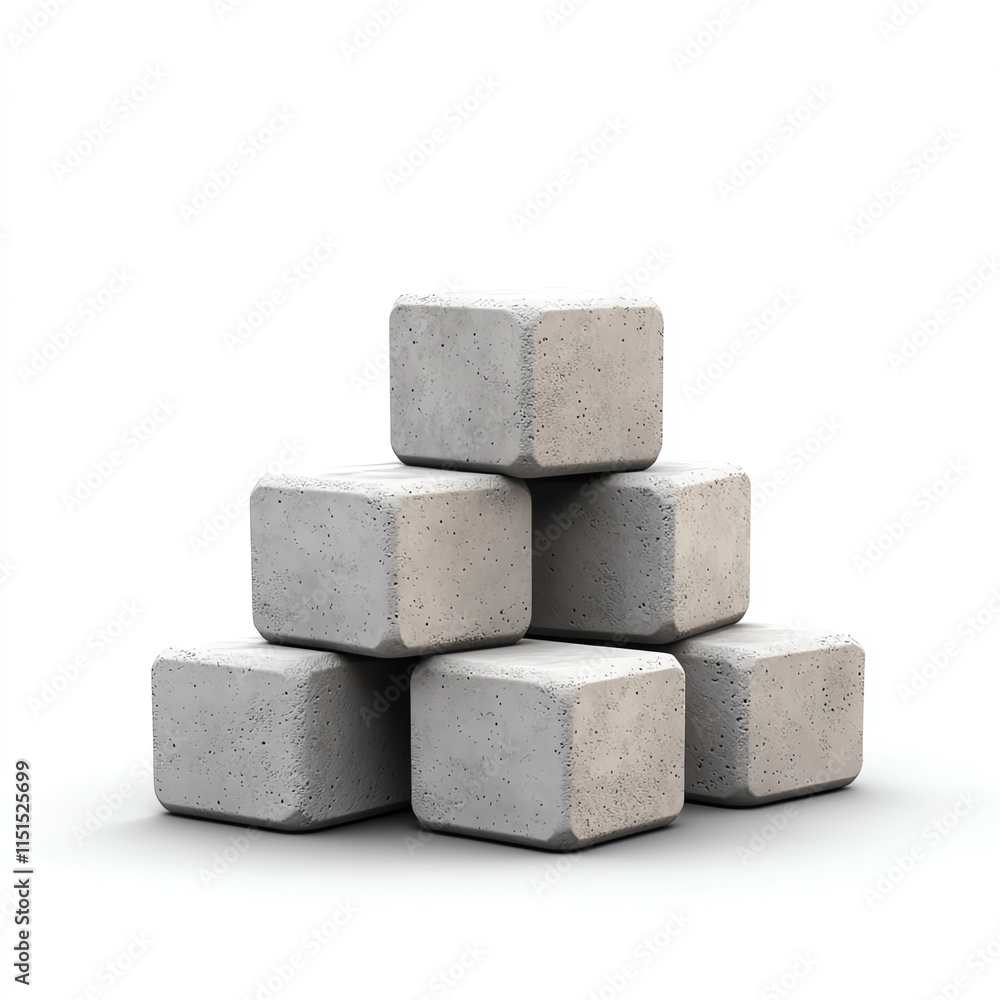 Poster a stack of concrete blocks in a pyramid formation on a white isolated background.