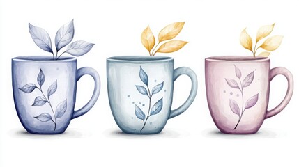 A watercolor illustration of three stacked colorful coffee cups with subtle floral patterns