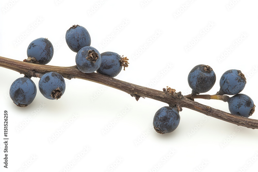 Poster cluster of blue berries on a twig with bold color highlights against a soft light and pure white bac