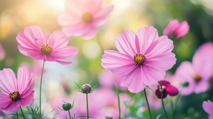 Fototapeta premium Vibrant pink cosmos flowers bloom beautifully in the garden, showcasing their delicate petals and attracting attention with their stunning appearance and cheerful color in a tranquil garden setting.