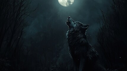 Fototapeta premium Lone Wolf Howling at the Moon: A Captivating Scene of a Wolf's Serenade Under the Night Sky
