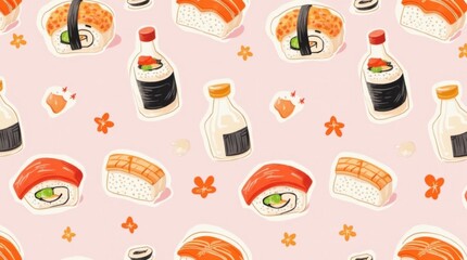 Cartoon Sushi Seamless Pattern with Nigiri, Rolls, and Soy Sauce
