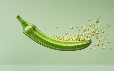 A vibrant green okra pod levitating mid-air with seeds spilling out, on a pastel green background
